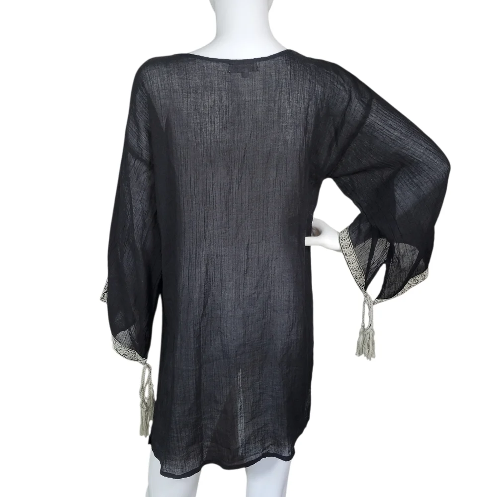 World Market Tunic Top Womens L/XL Black Embroidered Sheer Fairy Boho Indie Folk - Picture 2 of 10
